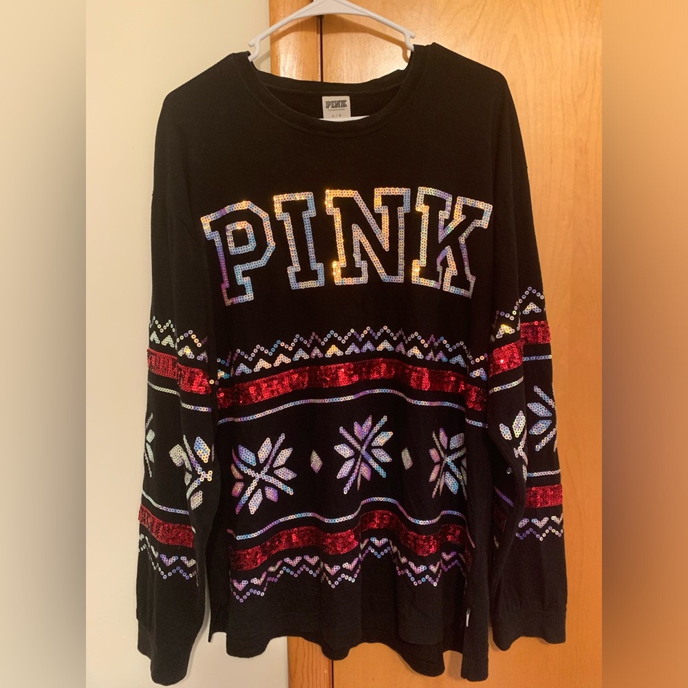 VS PINK Bling Iridescent Christmas Long Sleeve Shirt